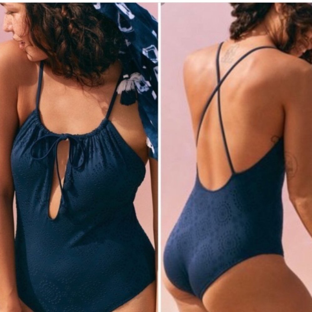 Aerie Eyelet One Piece Bathing Suit, Navy Blue, XL